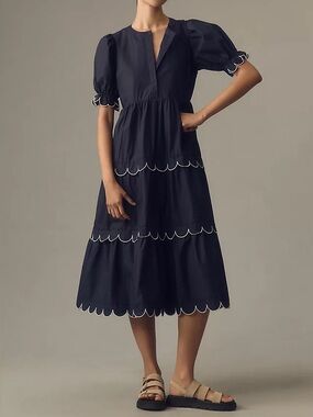 Anthropologie English Factory Short-Sleeve
Scallop-Edge Midi Dress in Navy
